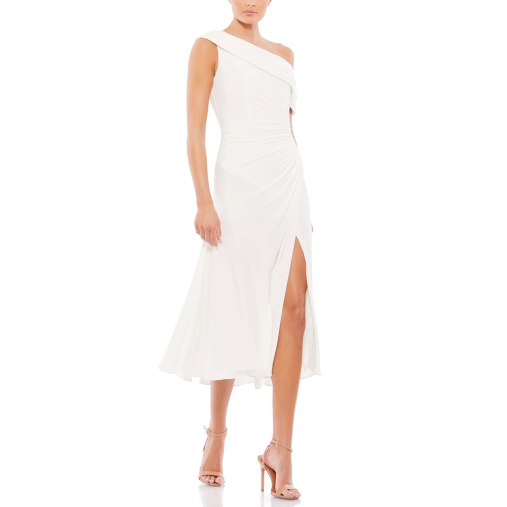 Mac Duggal Ruched Off the Shoulder Midi Dress, White, size 14